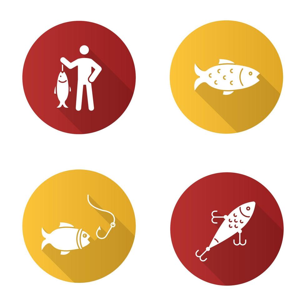 Fishing flat design long shadow glyph icons set. Fisherman, lure, fish and hook. Vector silhouette illustration