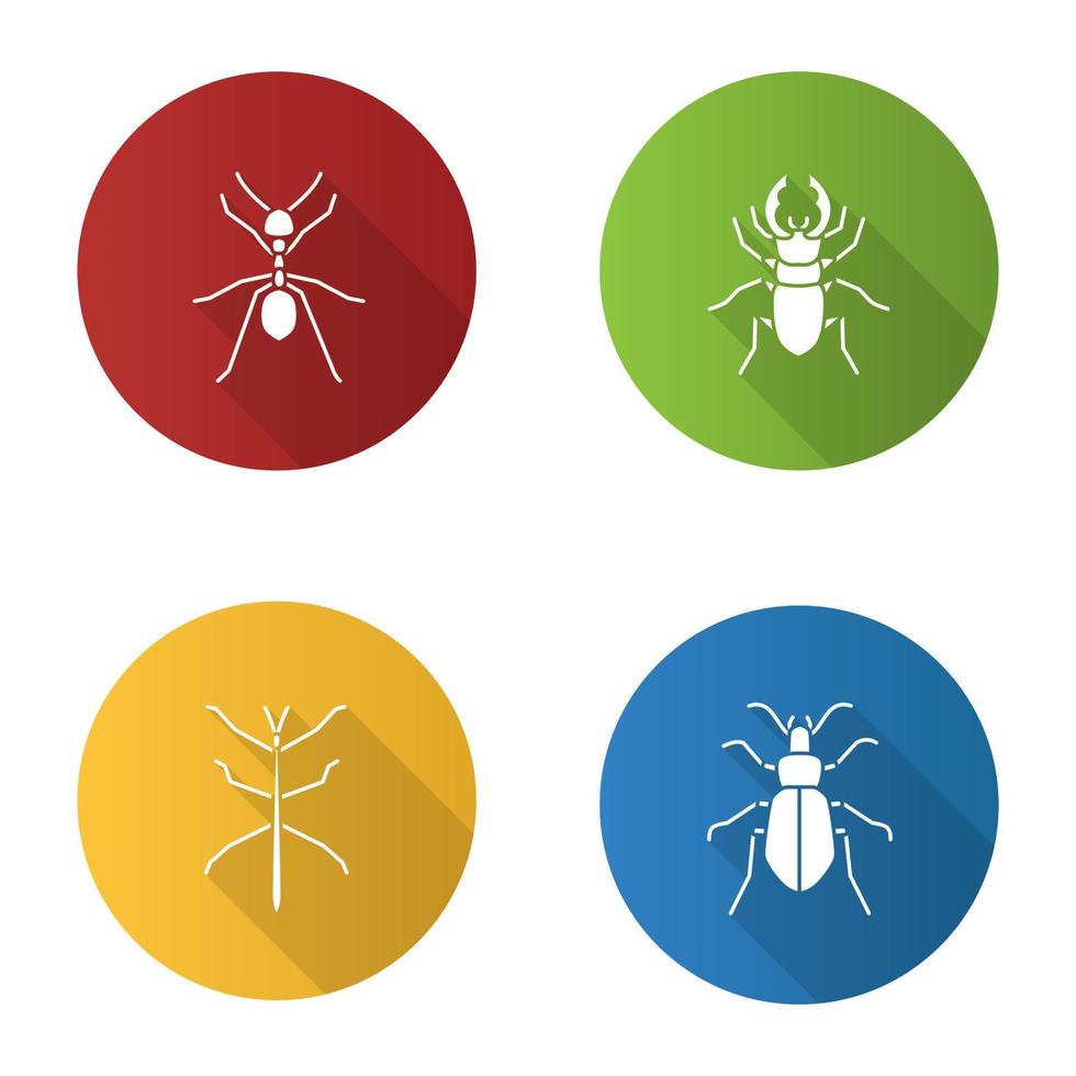 conjunto de iconos de glifo de sombra larga de diseño plano de insectos. hormiga, escarabajo ciervo, chinche de tierra, fásmido. ilustración de silueta vectorial vector