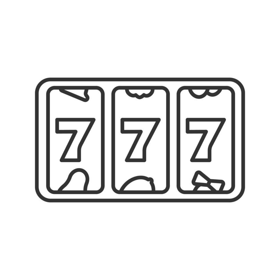 Slot machine with three sevens linear icon. 777. Lucky seven. Thin line illustration. Casino contour symbol. Vector isolated outline drawing