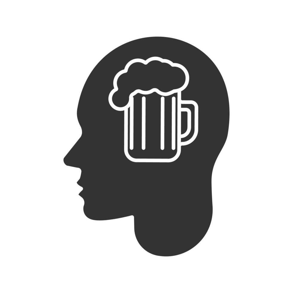 Human head with beer mug glyph icon. Alcoholism. Silhouette symbol. Bad habit. Negative space. Vector isolated illustration