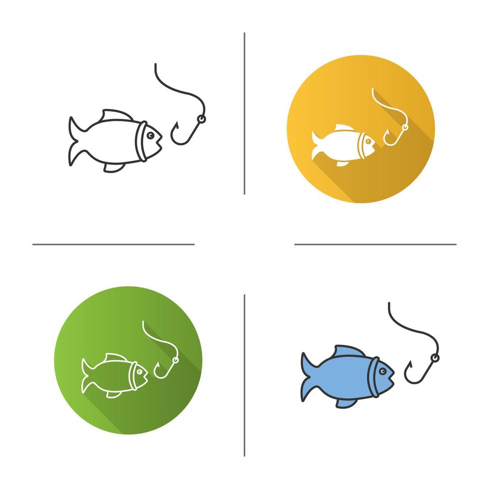 icono de pescado y anzuelo. Diseño plano, estilos lineales y de color. pescar. ilustraciones de vectores aislados