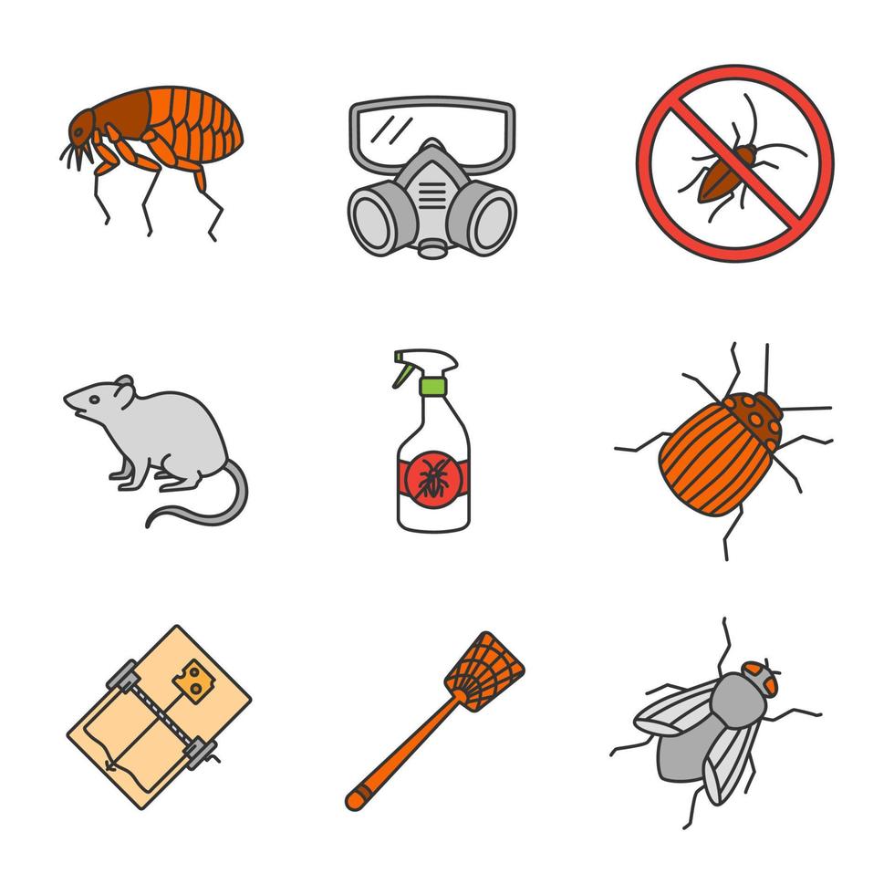Pest control color icons set. Flea, respirator, cockroaches repellent, mouse trap, rodent, colorado beetle, housefly, fly-swatter. Isolated vector illustrations