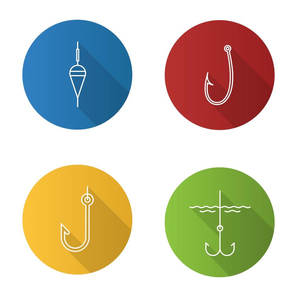 Fishing flat linear long shadow icons set. Fishing float and hooks. Vector outline illustration