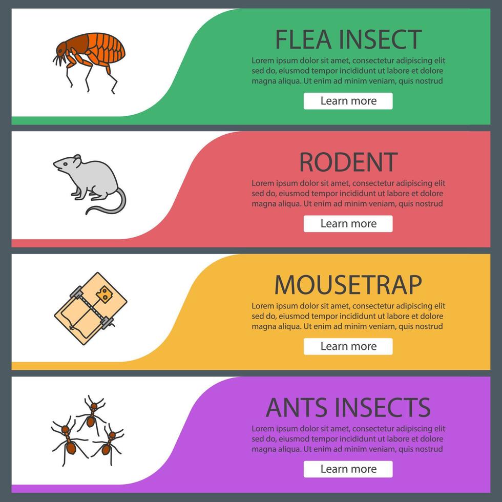 conjunto de plantillas de banner web de control de plagas. pulga, roedor, ratonera, hormigas. elementos del menú de color del sitio web con iconos lineales. conceptos de diseño de encabezados vectoriales vector