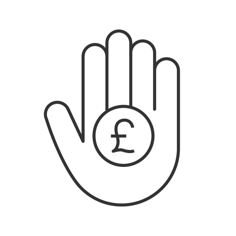 Hand holding British pound linear icon. Thin line illustration. Great Britain currency. Contour symbol. Vector isolated outline drawing