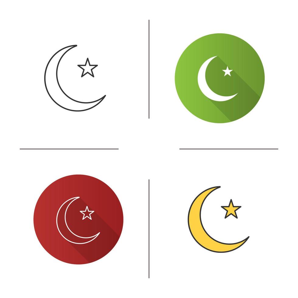 Star and crescent moon icon. Flat design, linear and color styles. Ottoman flag. Ramadan moon. Isolated vector illustrations