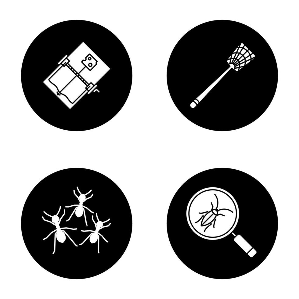 Pest control glyph icons set. Cockroach searching, fly-swatter, mouse trap, ants. Vector white silhouettes illustrations in black circles