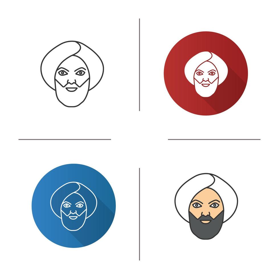 Muslim man icon. Flat design, linear and color styles. Man in turkish turban. Sheikh. Isolated vector illustrations