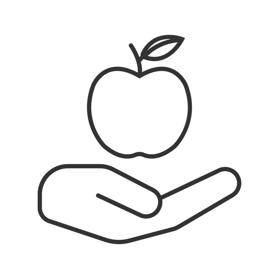 Open hand with apple linear icon. Healthy nutrition. Thin line illustration. Eco products. Contour symbol. Vector isolated outline drawing