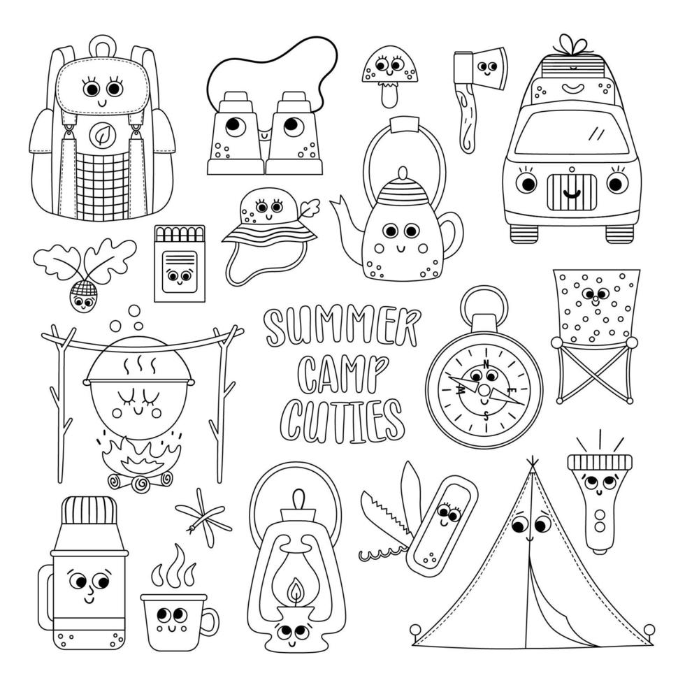 Vector black and white summer camp kawaii elements set. Camping, hiking, fishing equipment collection. Outdoor nature tourism outline icons pack with backpack, van, tent