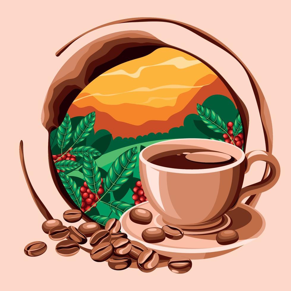 granos de café y una taza de café con manchas vector