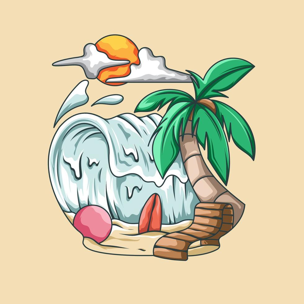 Summer beach with palm tree and wave illustration vector