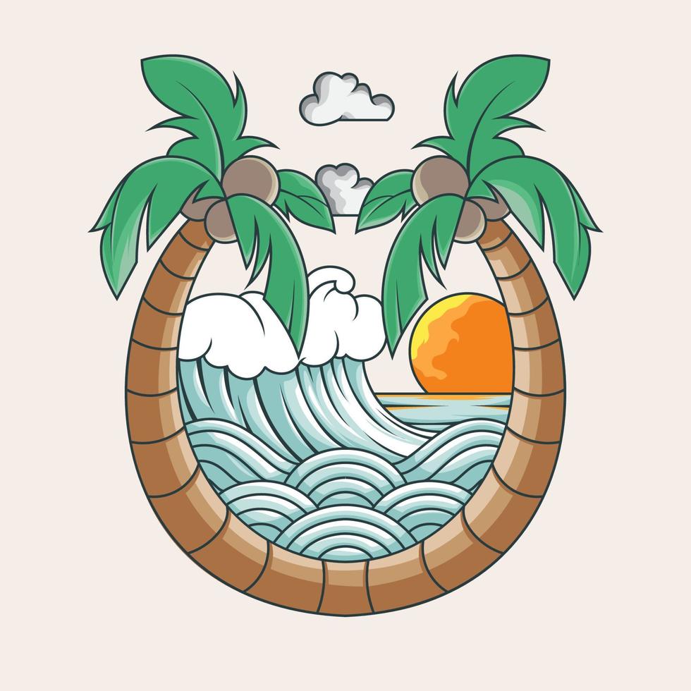 playa de verano con palmeras e ilustración de olas vector