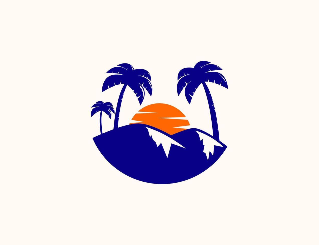 diseño de logotipo de ilustración de montaña y palmera al atardecer vector