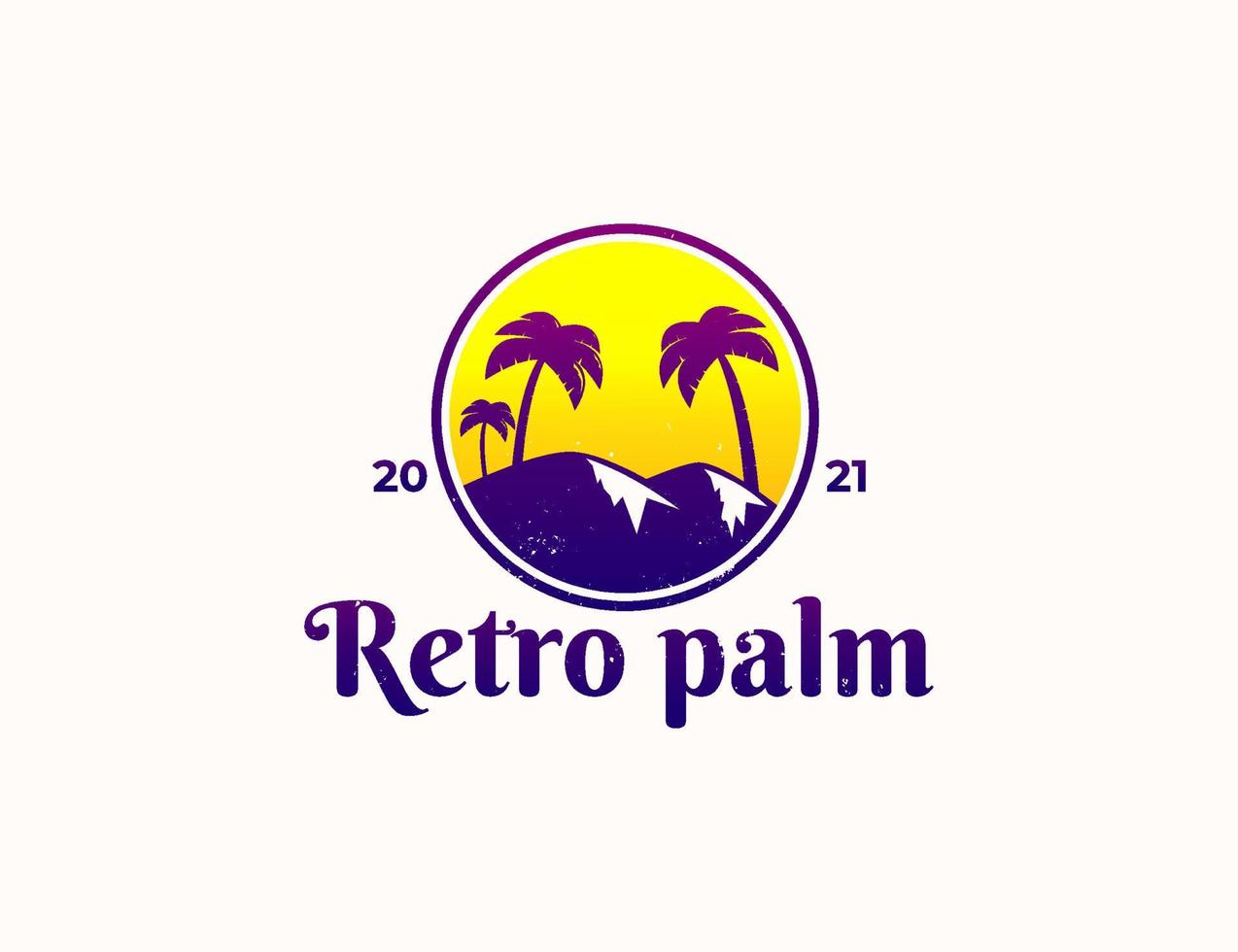 palmera retro vintage y logotipo de montaña al atardecer con estilo angustiado vector