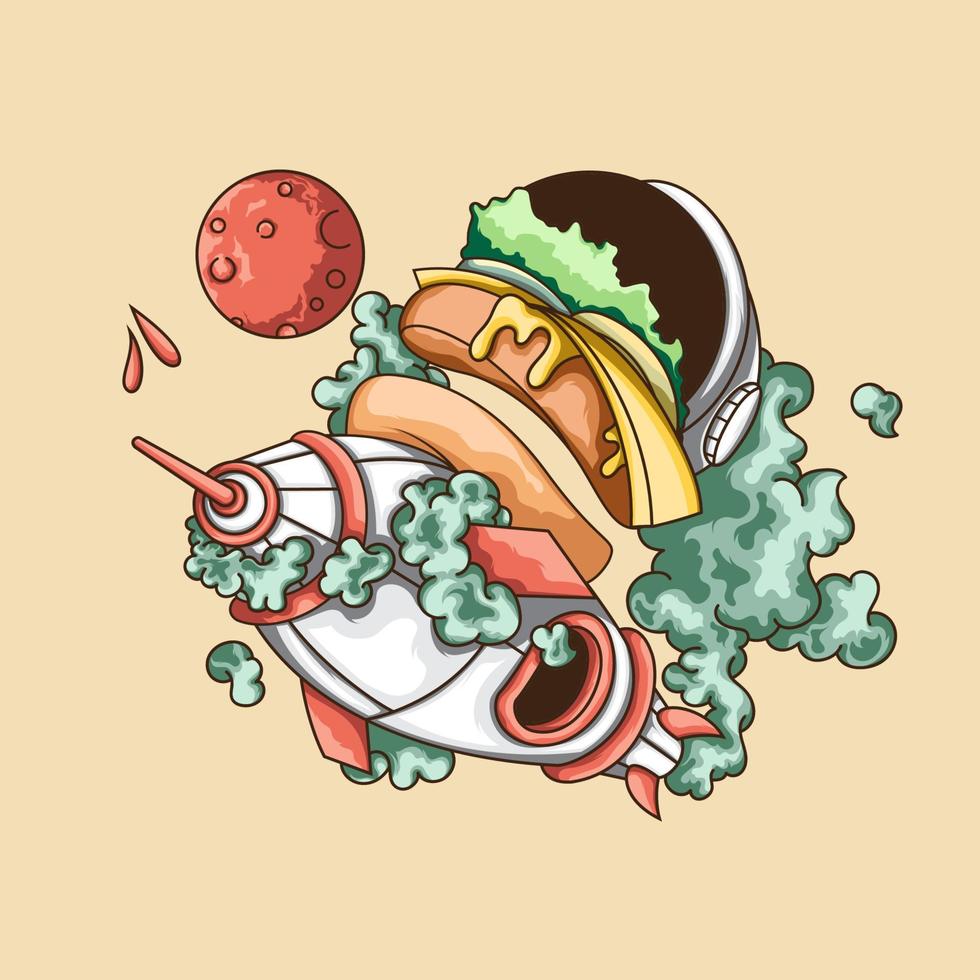 astronaut with rocket and burger illustration vector