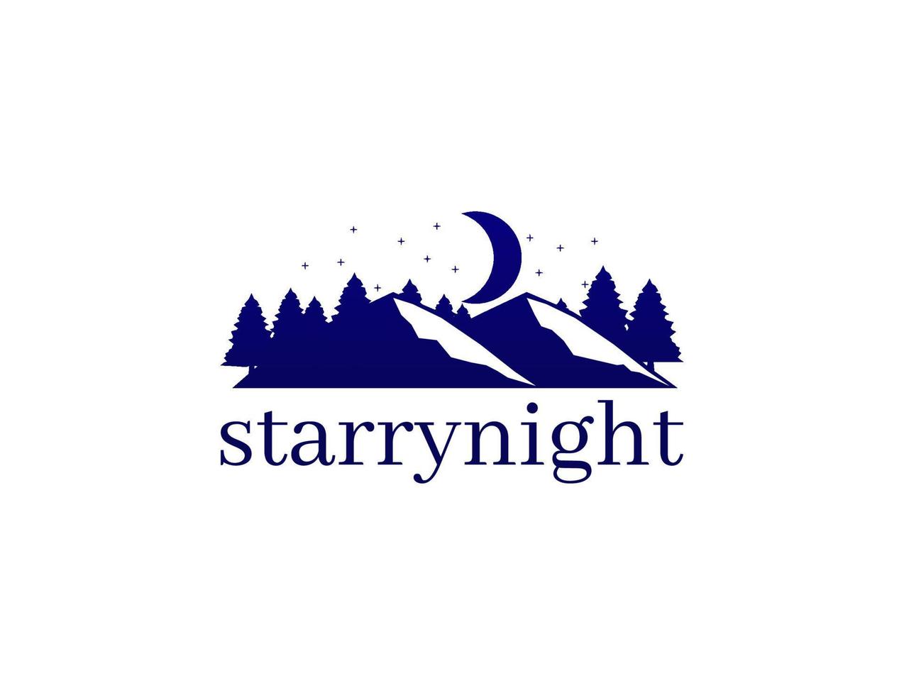montaña de noche estrellada y pino con concepto de logo de luna vector