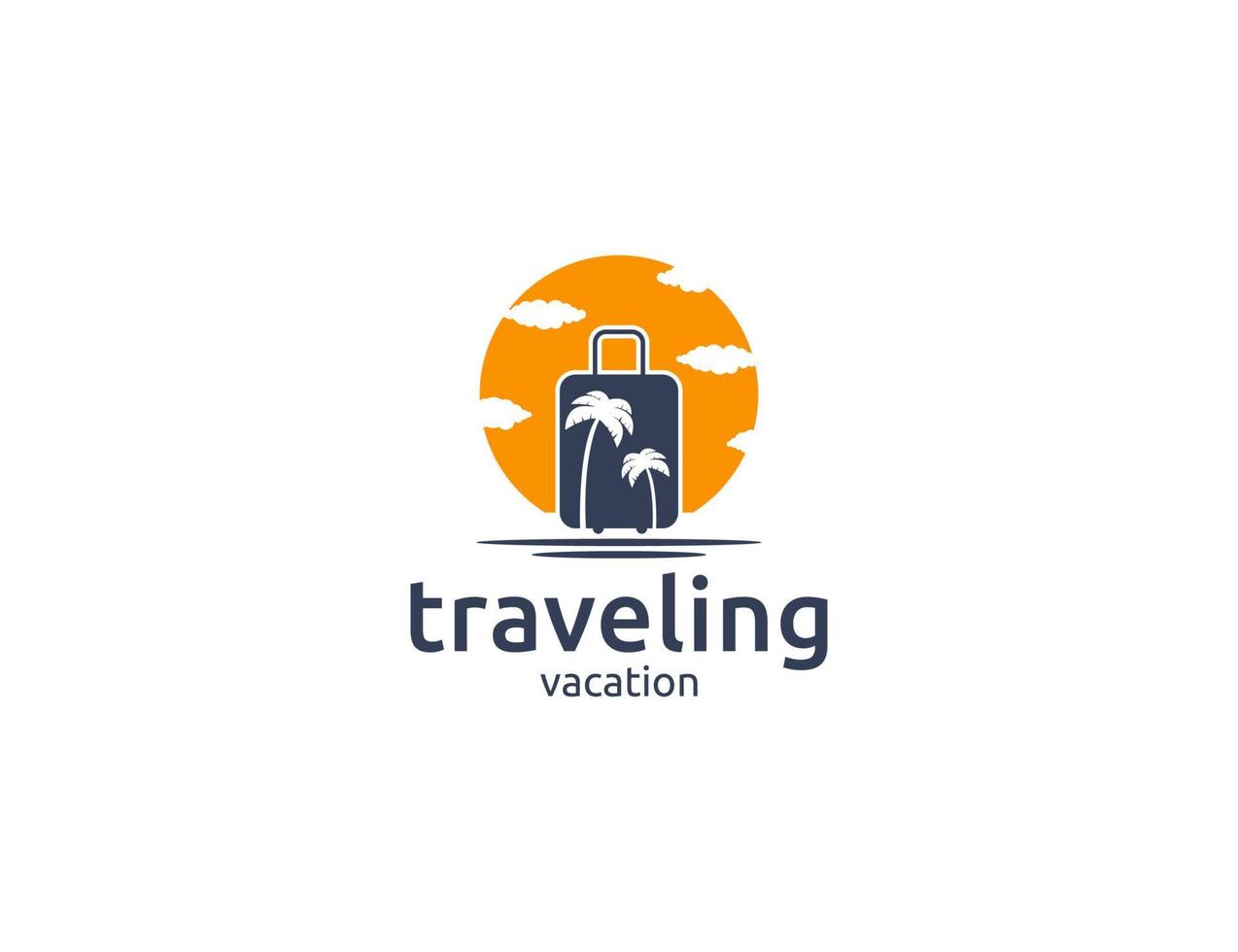 diseño de logotipo de viaje con bolsa de viaje, palmera e ilustración de sol vector