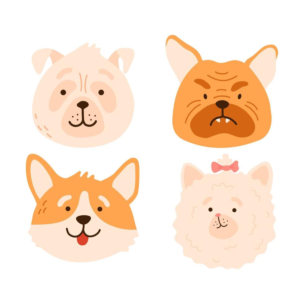 colección de cara de perro pomeranian, pug, bulldog, corgi. cabezas vectoriales de diferentes perros dibujos animados icono de personaje kawaii. ilustración aislada dibujada a mano. paquete de cachorros para impresión, juego, fiesta, diseño infantil vector