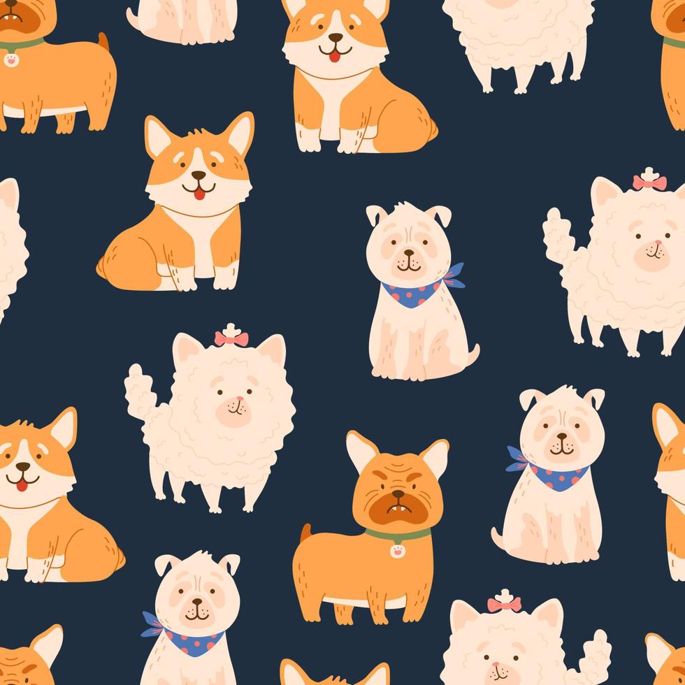 patrón de perros de dibujos animados sin costuras. animales lindos, vector de mascotas dibujado a mano fondo de color para ropa de niños, tela, textil, decoración de guardería, papel de regalo