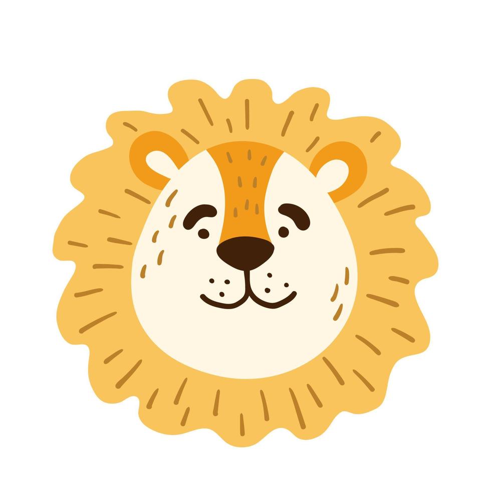 lion funny animal face, head. isolated muzzle. Vector illustration for print on children's clothing, greeting cards, nursery, stickers, stationery, room decor