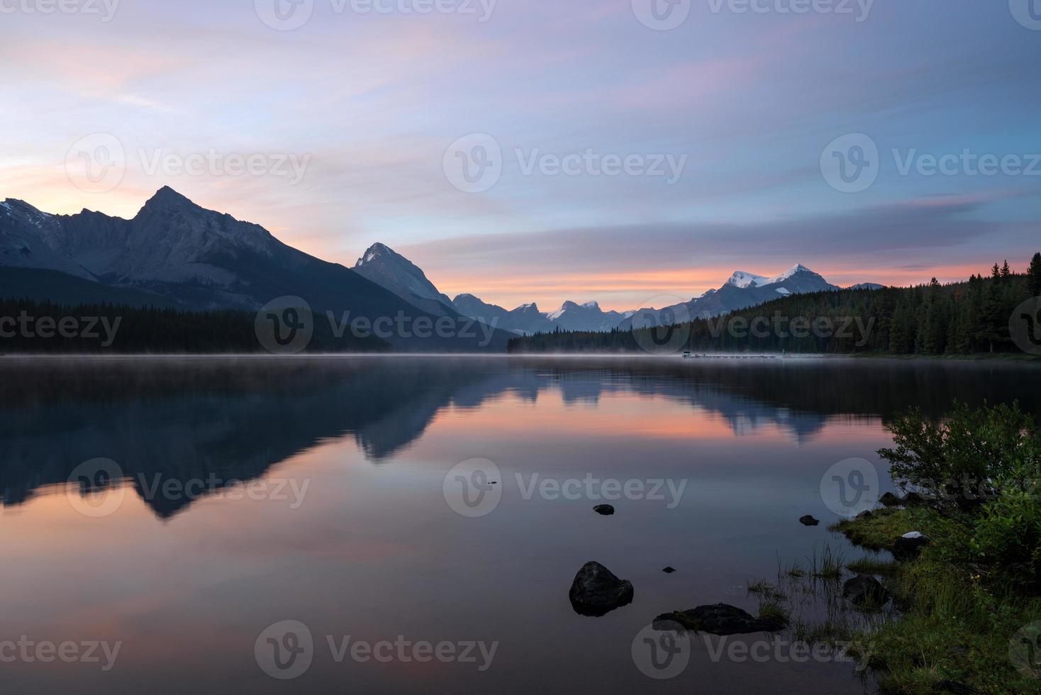 Maligne Lake close to Jasper with early morning mood, Alberta, Canada photo