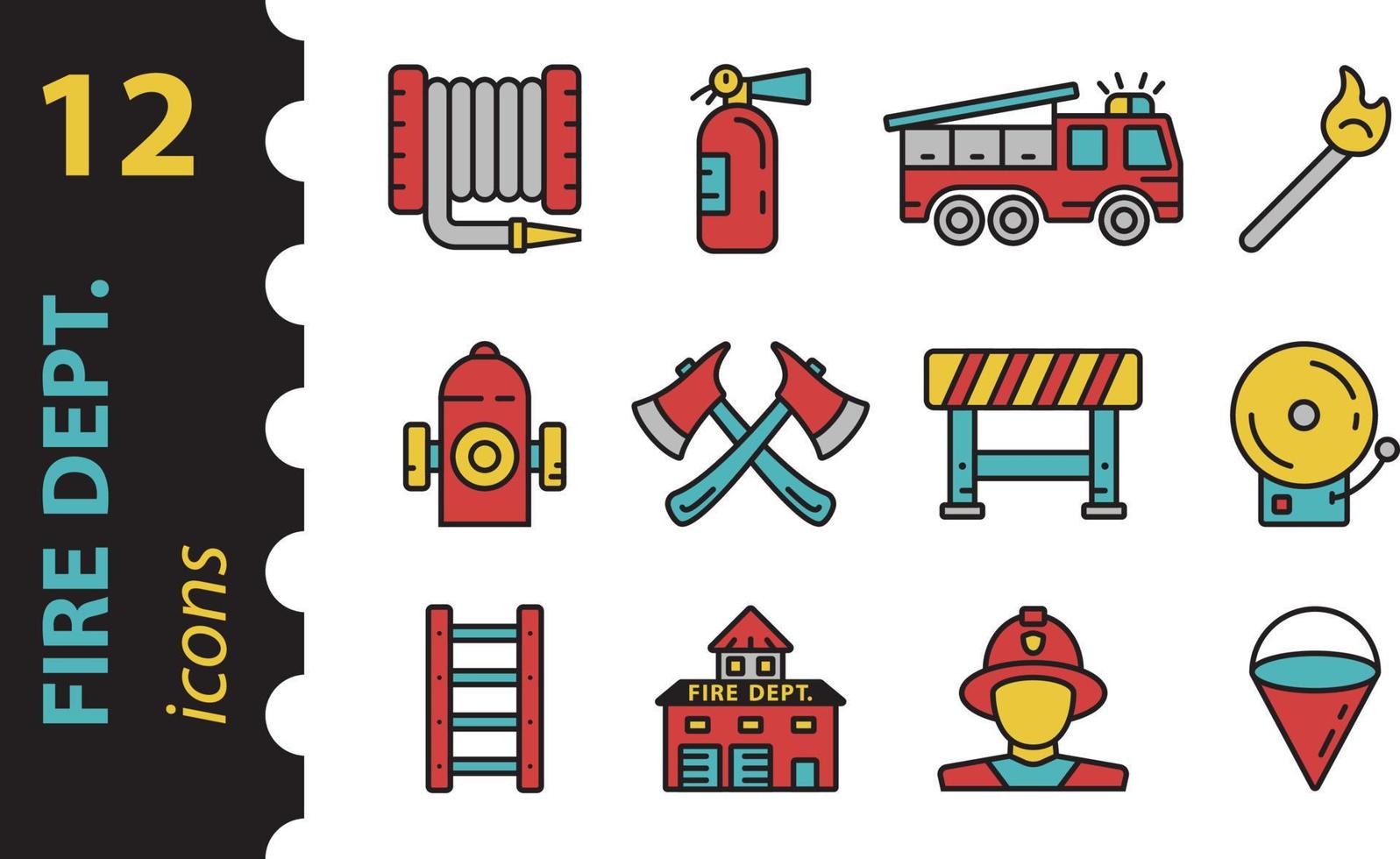 iconos vectoriales de bombero en color. departamento de bomberos de ilustración en estilo plano moderno. conjunto de símbolos de la estación de bomberos aislado sobre fondo blanco. vector