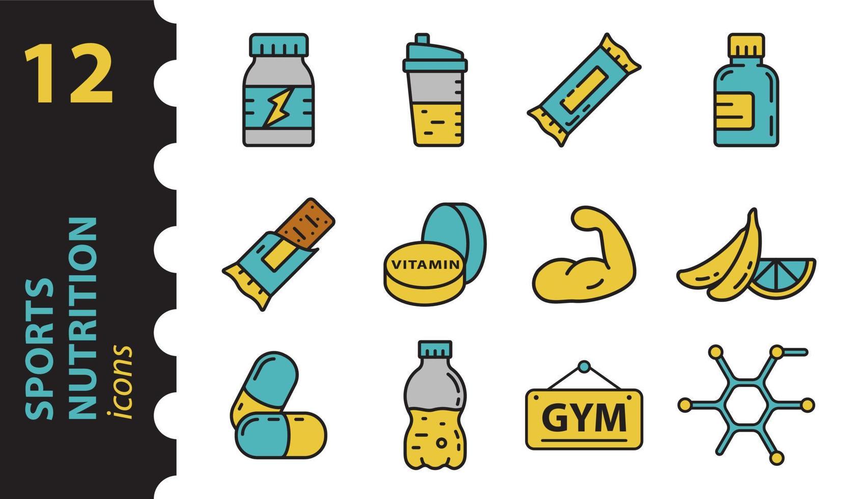 Sports nutrition icons in color in modern flat style. Simple linear vector symbols.