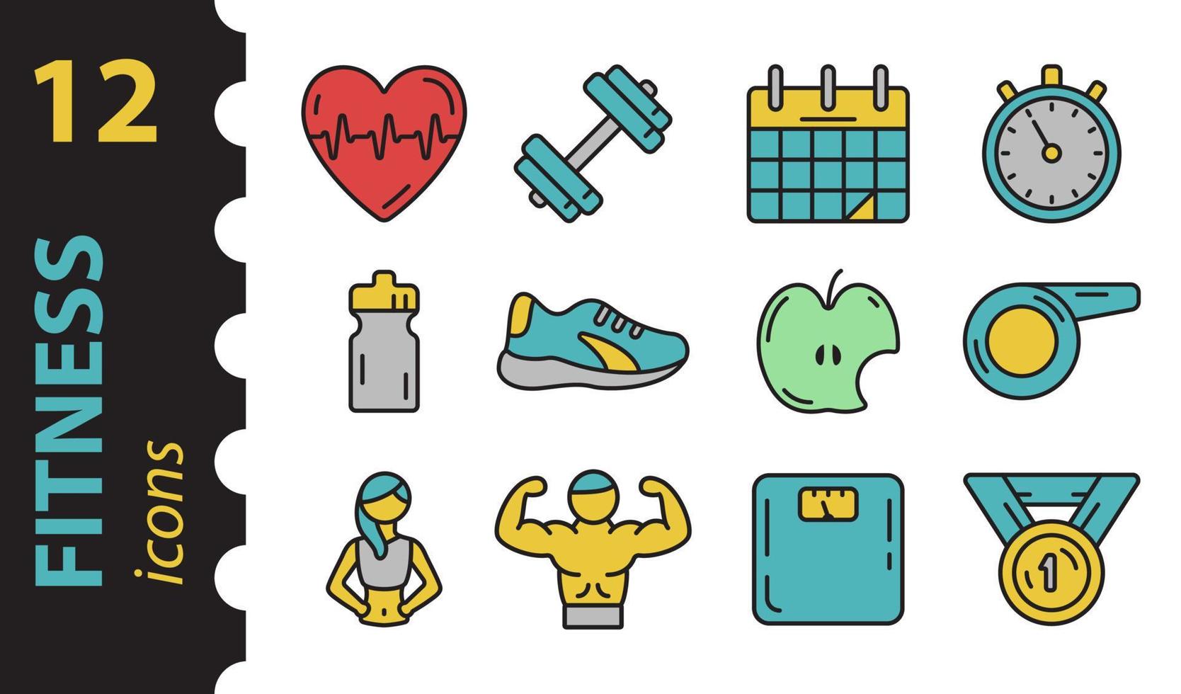 conjunto de iconos de fitness y deporte en color. símbolos estilo de vida saludable. ilustración en estilo plano. signos aislados sobre fondo blanco. vector