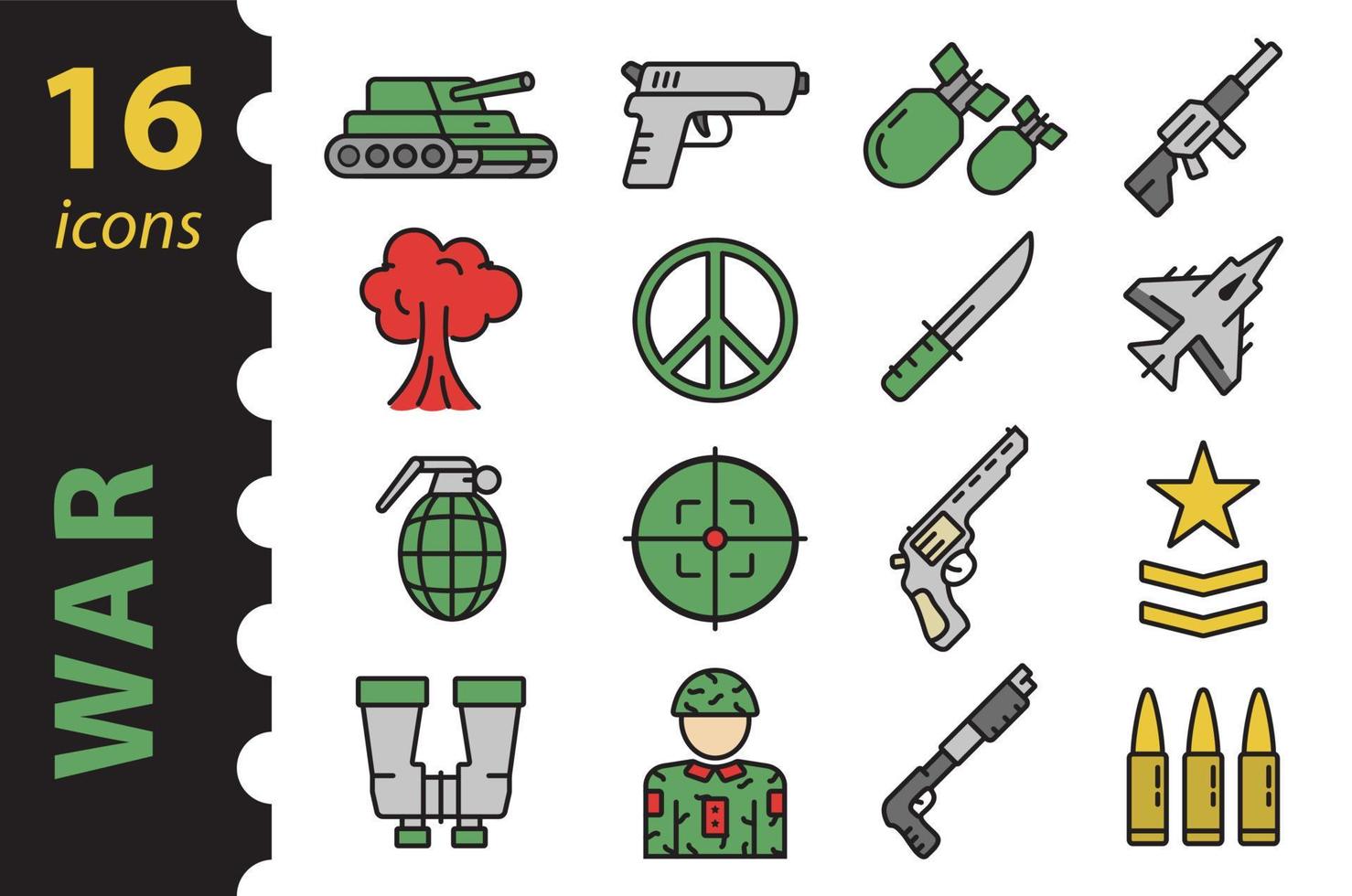 War icons set in color. Linear army symbols. Vector illustration in a flat style.