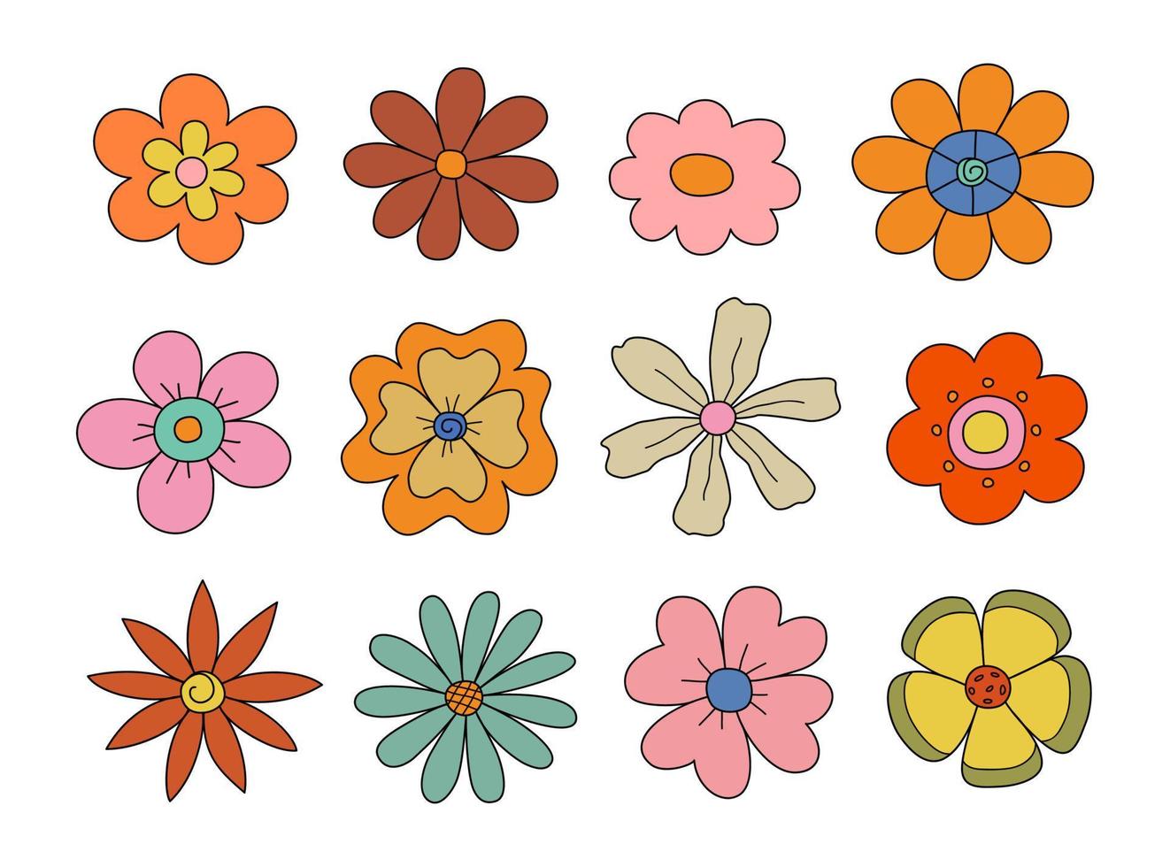 1970 daisy flowers. Collection of different retro flowers. Vector illustration isolated on a white background.