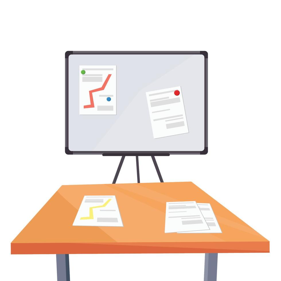 Magnetic marker board with graphs and a desk. Business concept. Vector cartoon illustration.