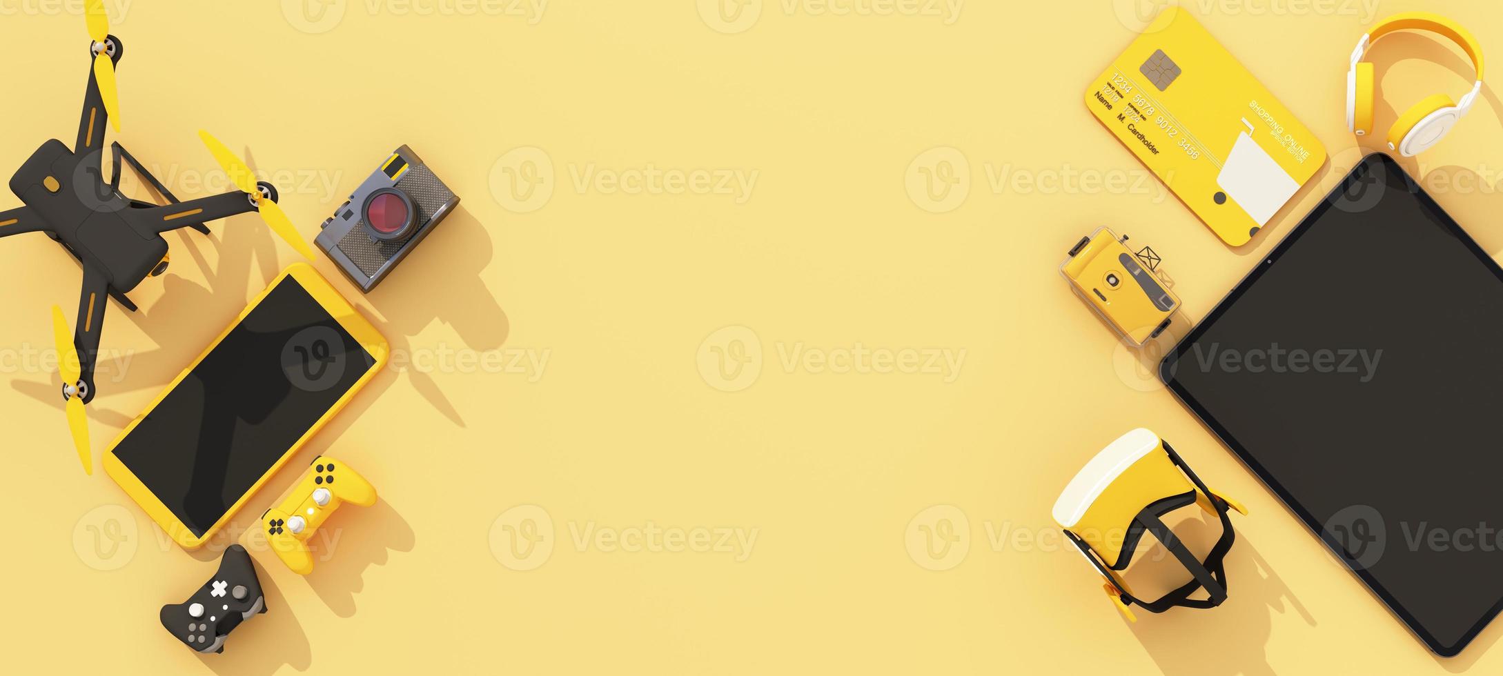 online shopping concept about electronics and gadgets in modern promotion period of new models consist of phone, vr, headphone, with drone and credit card on yellow background. realistic 3d rendering photo