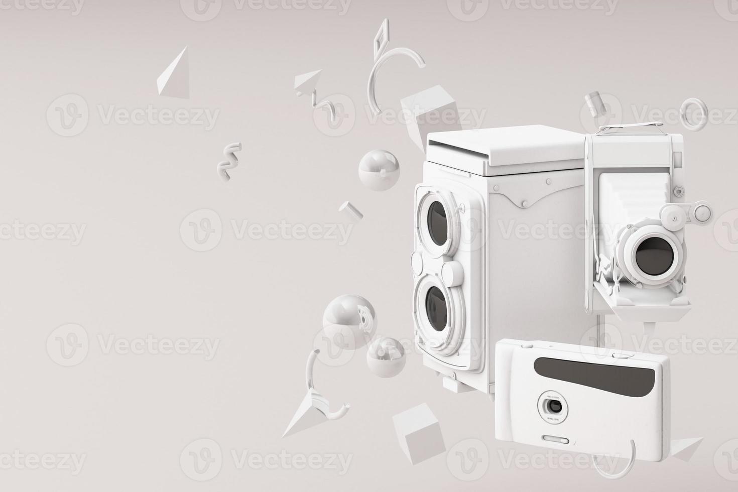 Colorful vintage camera surrounding by memphis pattern on a pastel background. 3d render. photo