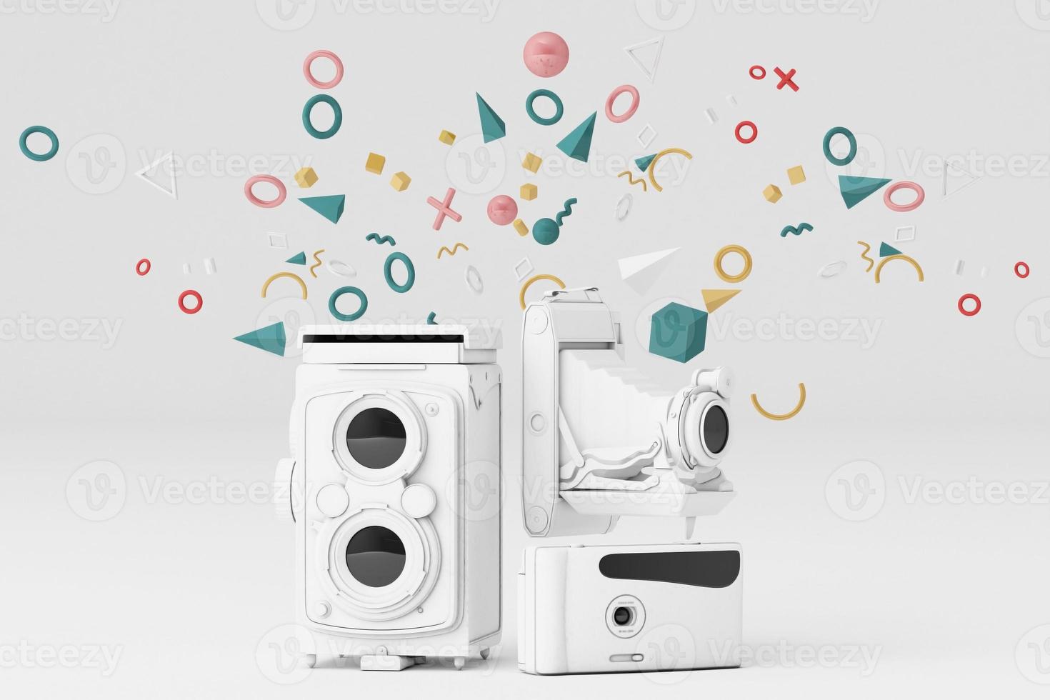 Colorful vintage camera surrounding by memphis pattern on a pastel background. 3d render. photo
