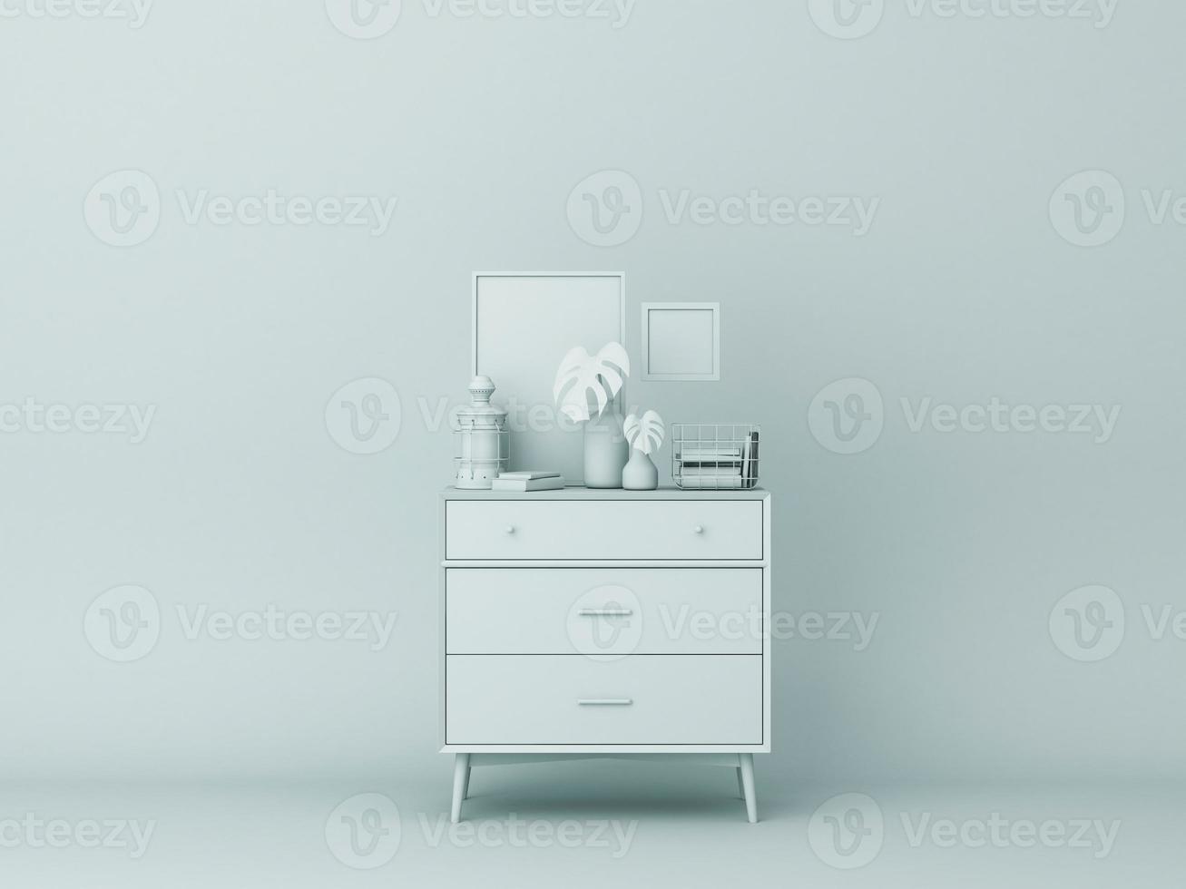 abstract furniture shelf and artwork frame with plant.3d rendering photo