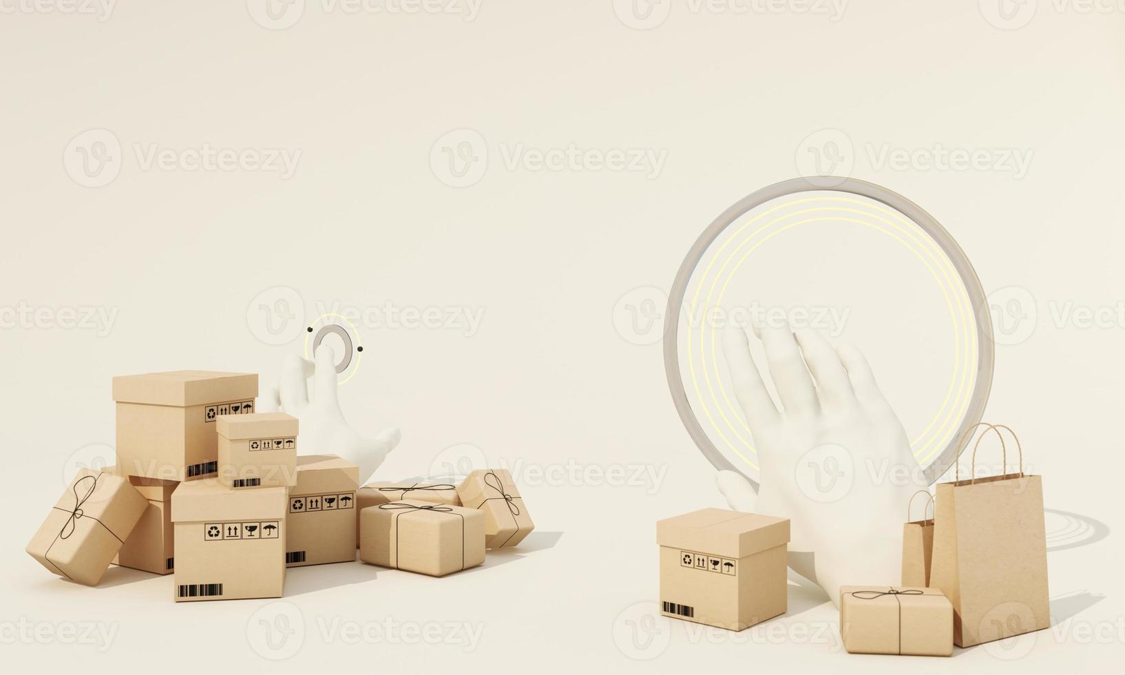 point of view of Shopping Online by using the hand to control the simulation button with parcel box, shopping bag cardboard box and payment via credit card isolate white background realistic 3d render photo