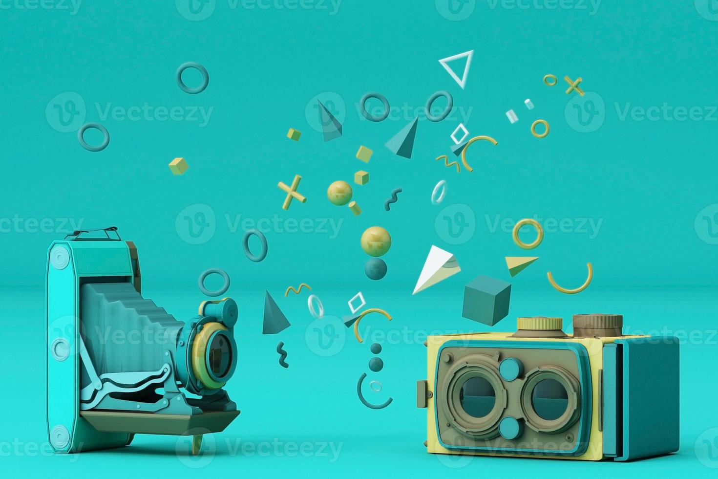 Colorful vintage camera surrounding by memphis pattern on a pastel background. 3d render. photo