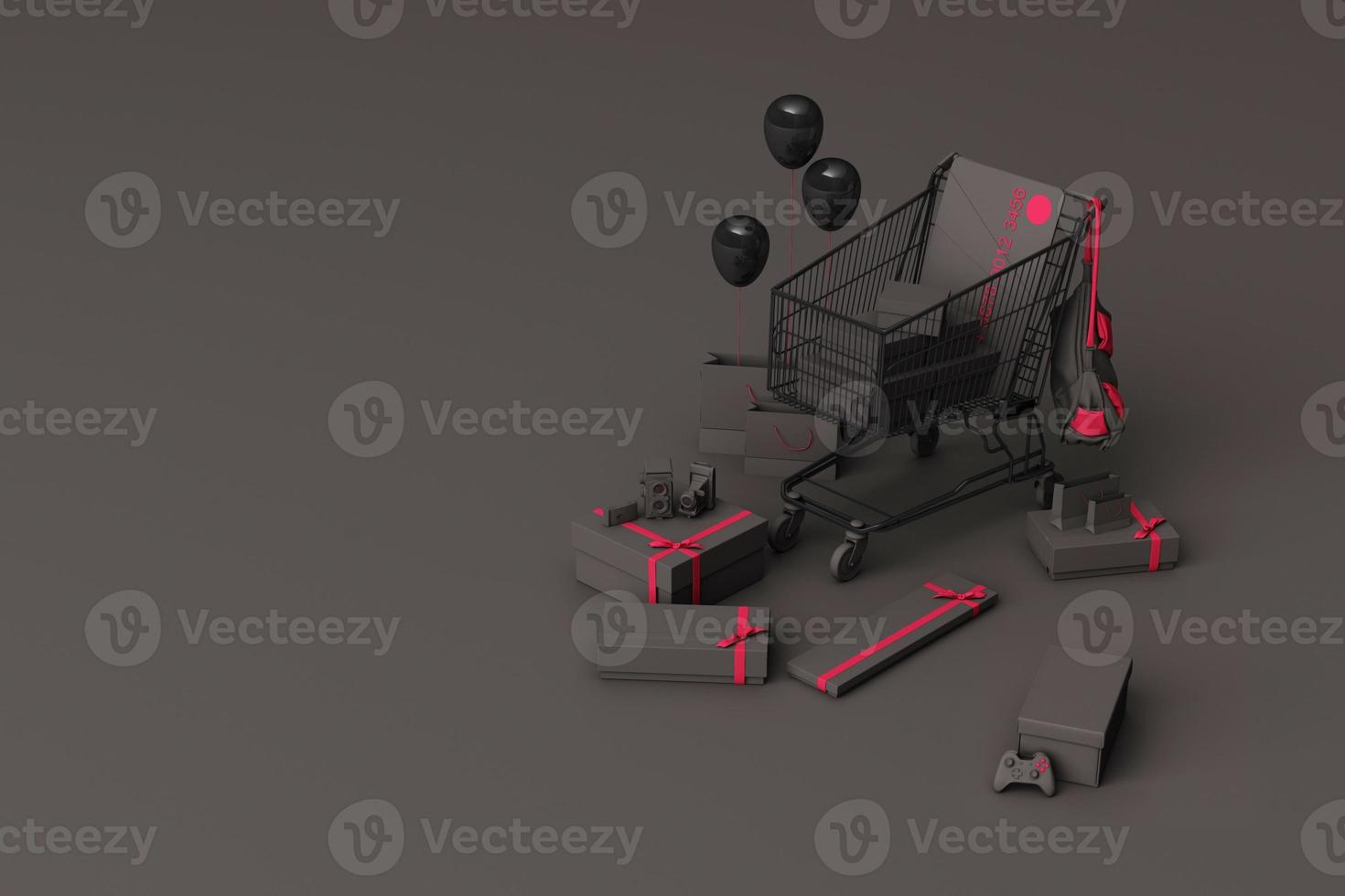 Supermarket shopping cart surrounding by giftbox with credit card on pastel background. 3d rendering photo