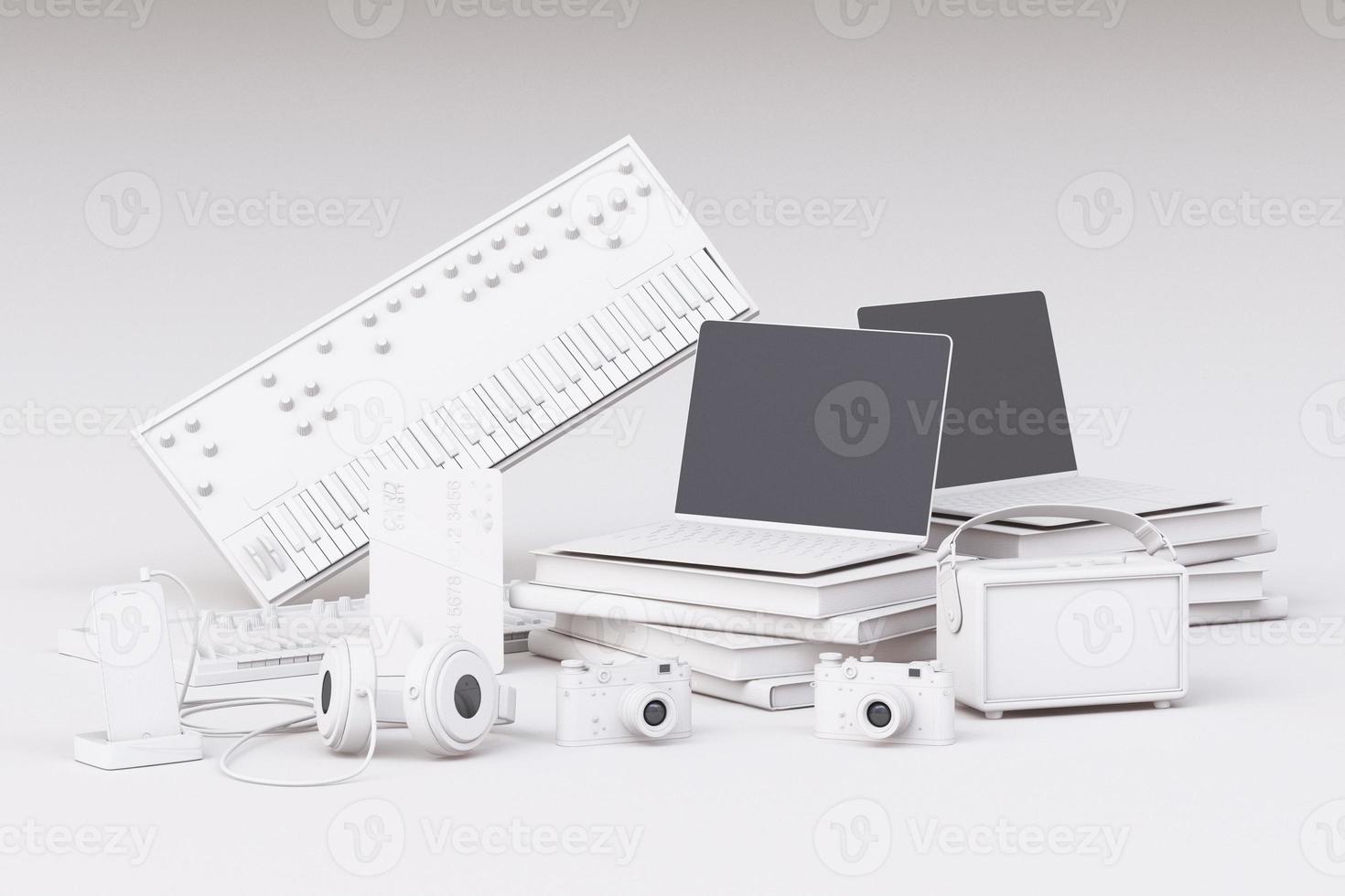 Laptop surrounding by colorful gadgets on white background. 3d rendering photo