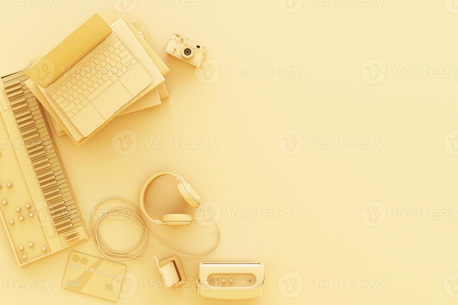 Laptop surrounding by colorful gadgets on black background. 3d rendering photo