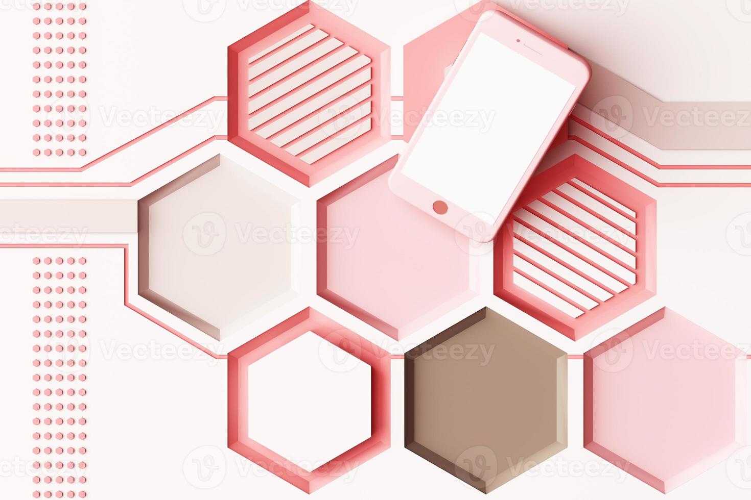Smartphone with technology concept, Abstract composition of geometric shapes platforms in orange and pastel color. 3d rendering photo