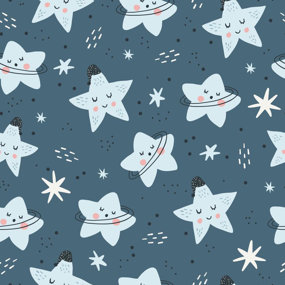 Seamless childish pattern with funny stars characters. Trendy space texture for fabric, apparel, textile, wallpaper. Cute kids print. Vector illustration.