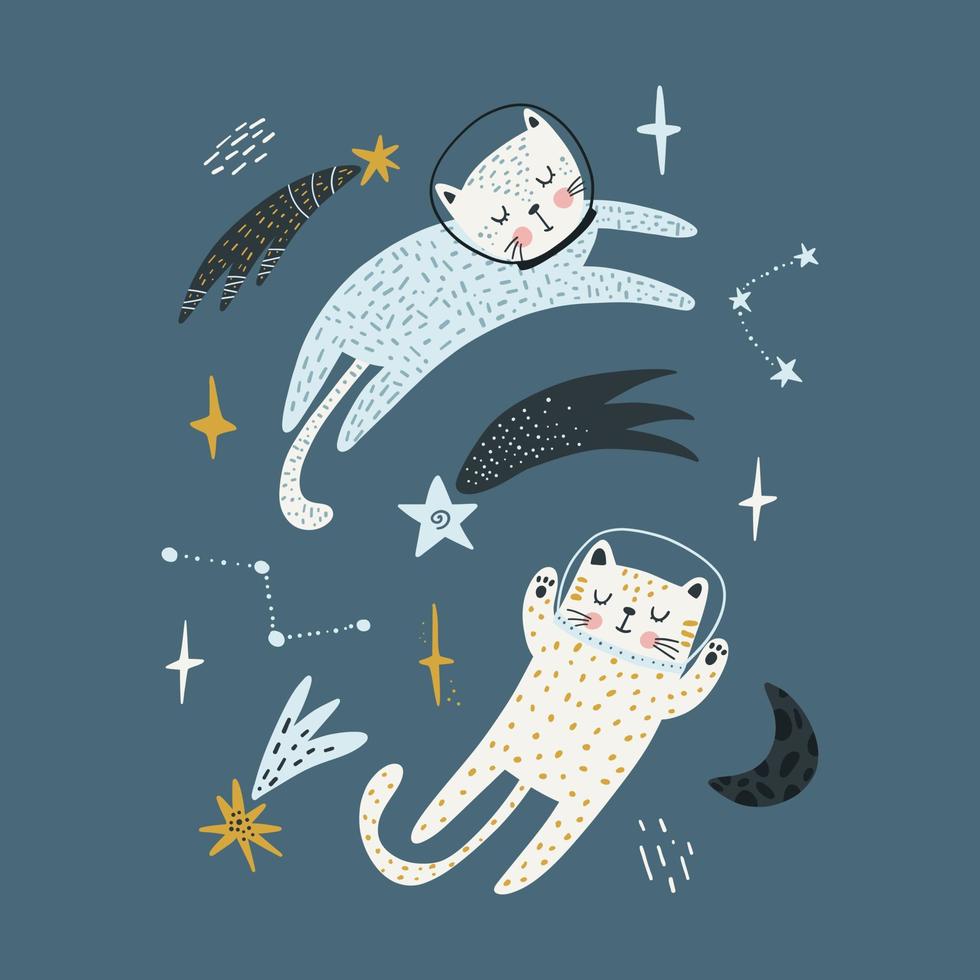 Cute cats astronauts traveling in outer space. Animal cosmonaut adventure in cosmos. Flat vector illustration of funny feline in universe.