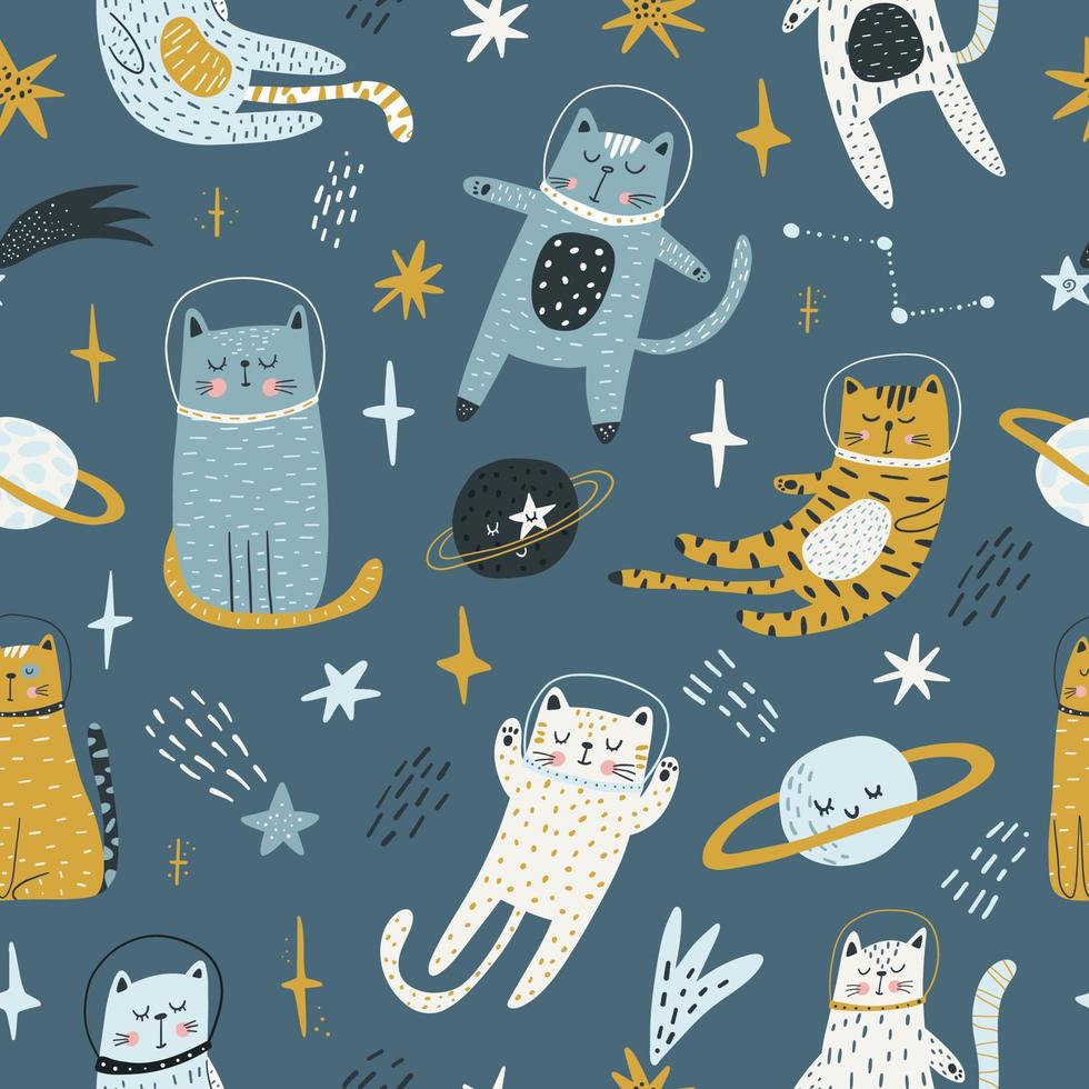 patrón infantil impecable con gatos astronautas en el espacio. estilo escandinavo colorido de moda. textura creativa de bebé escandinavo para tela, envoltura, textil, papel pintado, ropa. ilustración vectorial vector