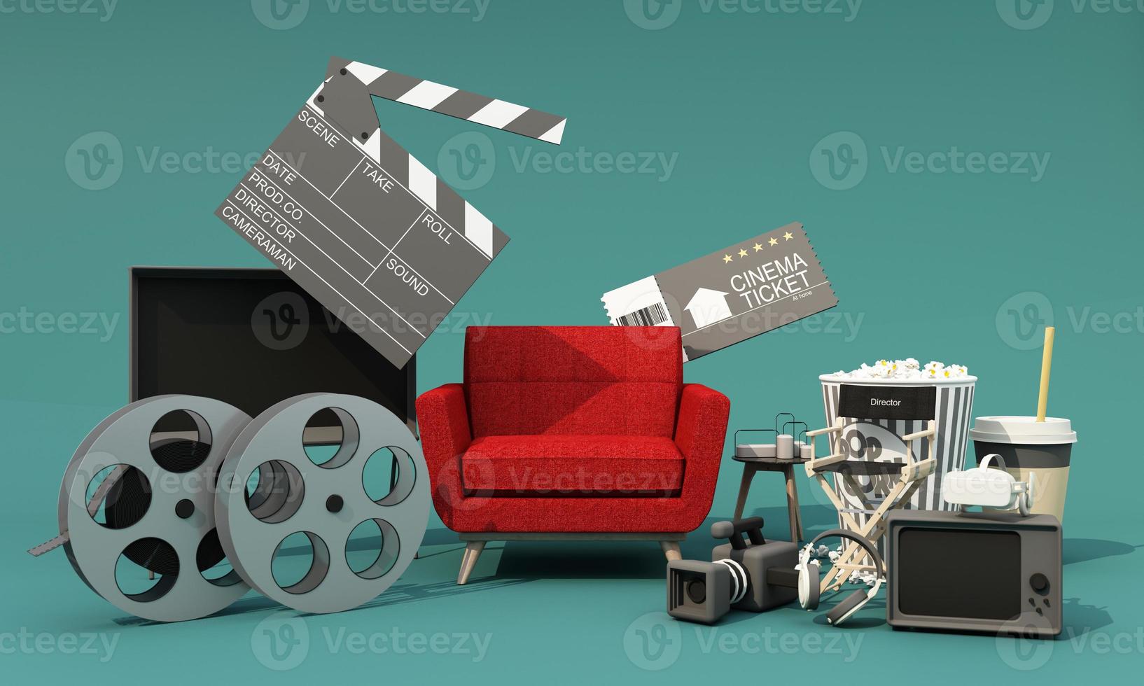The concept of watching movies online at home during the epidemic Surrounded by movie equipment, movie tickets, film reels, movie cameras Popcorn and drinks with red leather chairs 3d rendering photo