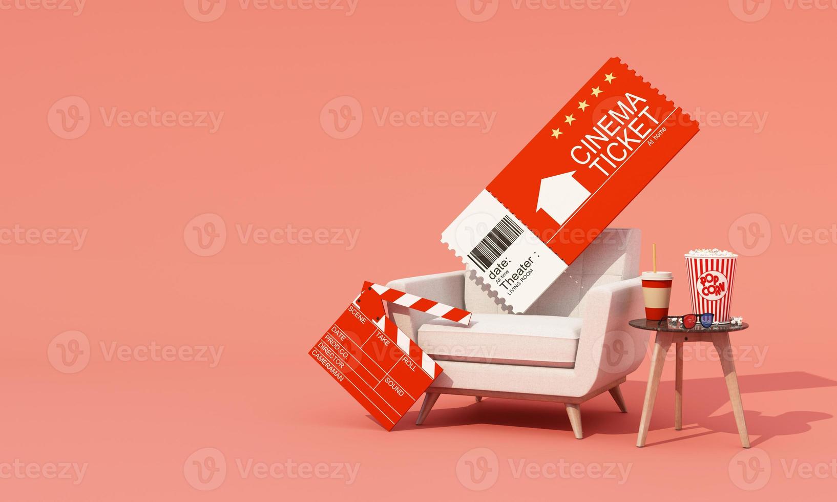 The concept of watching movies online at home. Vr headset Surrounded by movie equipment, movie tickets, film reels, movie cameras Popcorn and drinks isolated on background 3d rendering photo