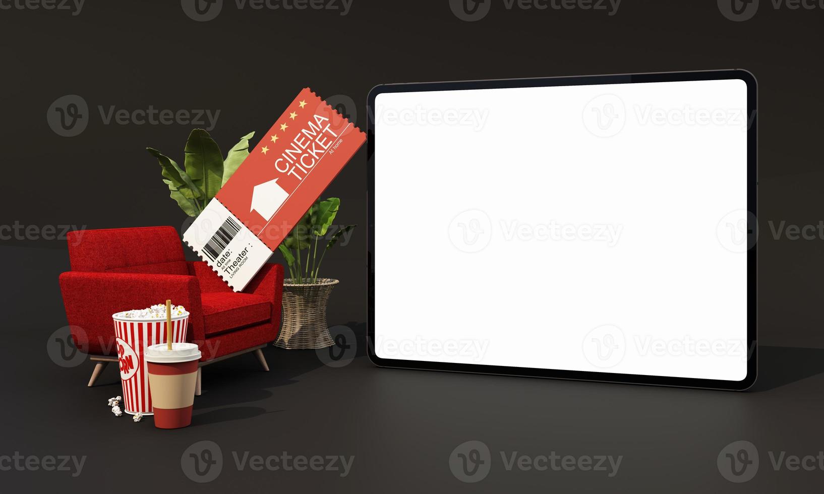 el concepto de ver películas en línea en casa durante la epidemia con pantalla de tableta para su contenido rodeado de boletos de cine, palomitas de maíz y bebidas con sillas de cuero rojo 3d renderizado foto