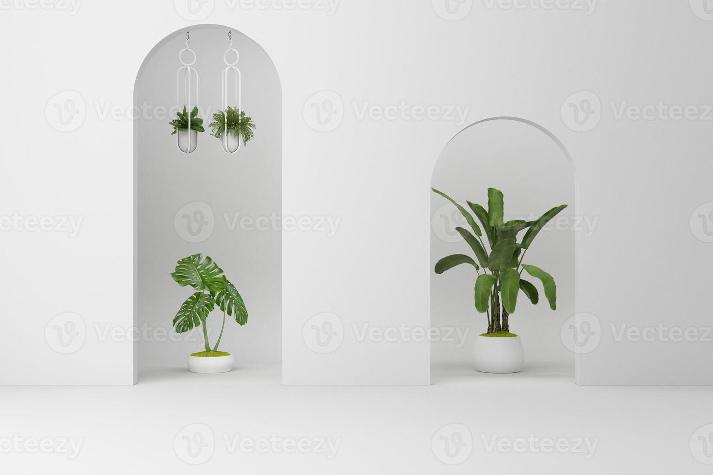 Minimalistic,white arch with many plant decorate. 3d rendering photo