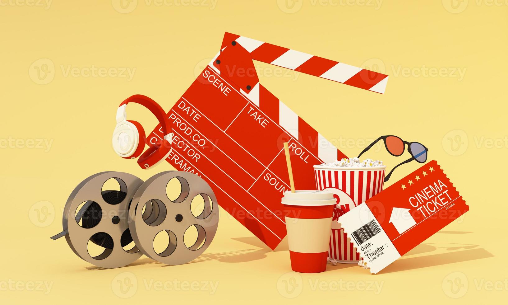 The concept of watching movies online at home. crapperboard Surrounded by movie equipment, movie tickets, film reels, movie cameras Popcorn and drinks isolated on background 3d rendering photo